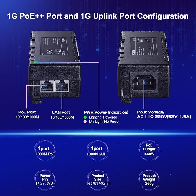 MokerLink Gigabit PoE Injector, 802.3af/at/bt 60W, 10/100/1000Mbps Ethernet, Plug & Play, Distance Up to 100 Meters (328 ft.)