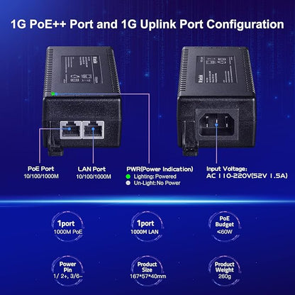 MokerLink Gigabit PoE Injector, 802.3af/at/bt 60W, 10/100/1000Mbps Ethernet, Plug & Play, Distance Up to 100 Meters (328 ft.)