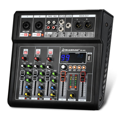 4-Channel Audio Mixer for PC, SX-4iu Mixing Console with XLR Inputs, Bluetooth, 99 Digital Signal Processor Effects, USB Interface, MP3 Compatible for Podcast, Music, Recording 9.84"x2.17"x9.84"inches