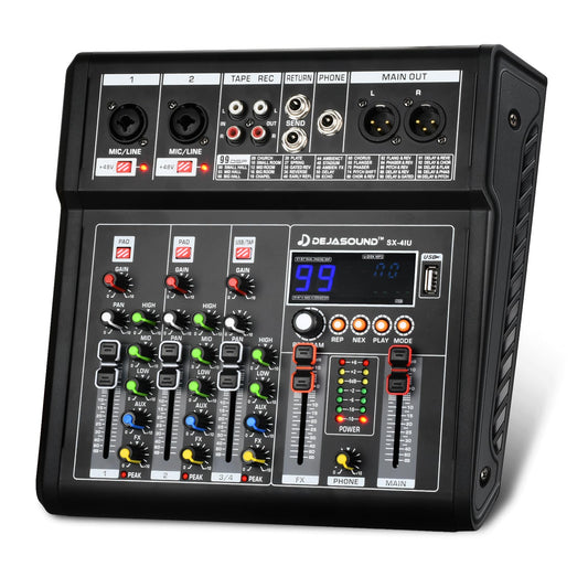 4-Channel Audio Mixer for PC, SX-4iu Mixing Console with XLR Inputs, Bluetooth, 99 Digital Signal Processor Effects, USB Interface, MP3 Compatible for Podcast, Music, Recording 9.84"x2.17"x9.84"inches