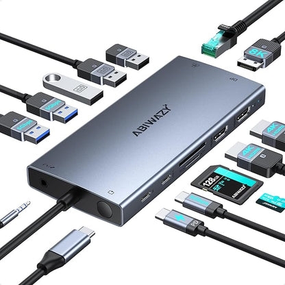 USB C Docking Station Dual Monitor for Dell XPS/HP/Lenovo/Surface, 15 in 1 USB-C Hub 3 Monitor Adapter, Dock with 8K DisplayPort, 2 HDMI 4K@60Hz, 6 USB A/C, 100W PD, Ethernet, SD/MicroSD