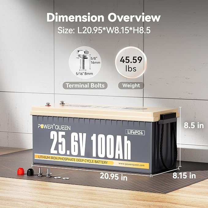 Power Queen 25.6V 100Ah LiFePO4 Battery, Built-in 100A BMS, 4000 to 15000 Cycles, 2.56kW Max Load Power, 2.56kWh Deep Cycle Battery For Home & Off-Grid Solar Power System, RV, Marine