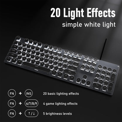 SEUNKWANG Typewriter Style Mechanical Gaming Keyboard with White Backlit, Wired Retro Punk Computer Keyboard Durable Metal Panel, Clicky Blue Switch, Round Keycaps, Full-size for PC/Desktop/Win, Black