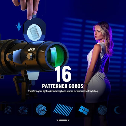 NEEWER LS-300 Spotlight Optical Snoot for 300W Bowens Mount LED Video Lights with 16x GOBO 19° Projection Lens 98% Light Transmittance Geometric Shaper for Creative Photography & Enhanced Illuminance