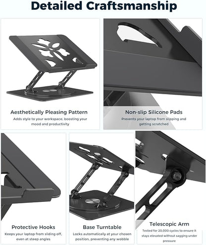 Adjustable Laptop Stand for Desk - Portable Laptop Riser with Rotating Base, Foldable Aluminum Computer Stand, Ergonomic Laptop Holder for MacBook Pro/Air Dell HP Lenovo Notebook up to 15.6", Black