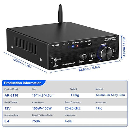 Facmogu AK-3116 HiFi Digital Amplifier, Bluetooth 5.3 200W Dual TPA3116 2 Channel 2x100W Class D Stereo Receiver w/RCA, USB, Optical, FM, Mini Amp Audio System for Home, Outdoor, w/ 24V Power Supply