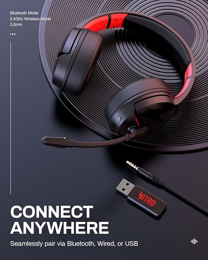 acer Wireless Gaming Headset, PS5 Headset with 2.4GHz for Ps5, Ps4, PC, Switch, Bluetooth 5.3 + 100Hrs Gaming Headphones with Noise Canceling Mic for Laptop, Mobile, Mac, 50mm Drivers (Red)