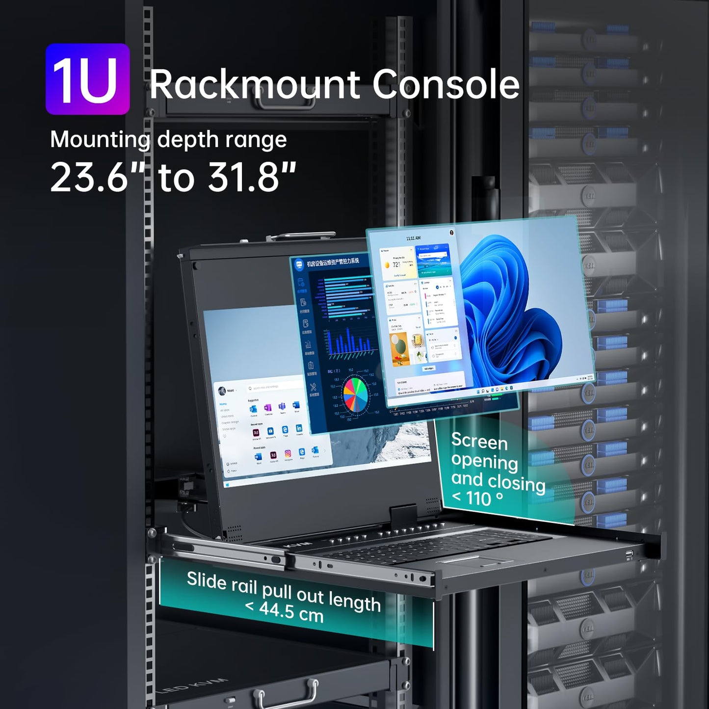 MT-VIKI® KVM Rack Mount HDMI with 17.3'' LCD Monitor, 1080P@60Hz Support OSD/Hotkey, Included 8 KVM Cables+Keyboard + Touchpad, Fit 1U 19'' Rack, Mount Depth 23.6-31.8"