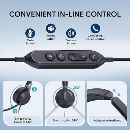 Yealink UH44 Teams Certified USB Wired Headset with 2 Noise Cancelling Mics,Stereo Sound for PC,Laptop,Teams,Zoom,Call Center,Home Office,Inline Controls,Comfort Ear Cushions,USB-C/A,Busylight-Black