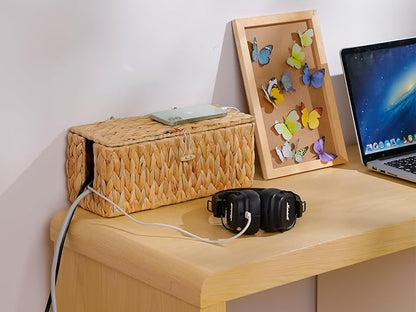 Cable Management Box,Hand-Woven Water Hyacinth Decorative Cord Organizer,2 Side Open Slots Wicker Cable Box to Hide Cords and Power Strip,for Desk, Floor, Office,2 Pack