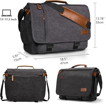 ESTARER Men Messenger Bag 17-17.3 Inch Laptop Bag Water-resistant Canvas Computer Shoulder Bag Briefcase for Work College Travel, Grey