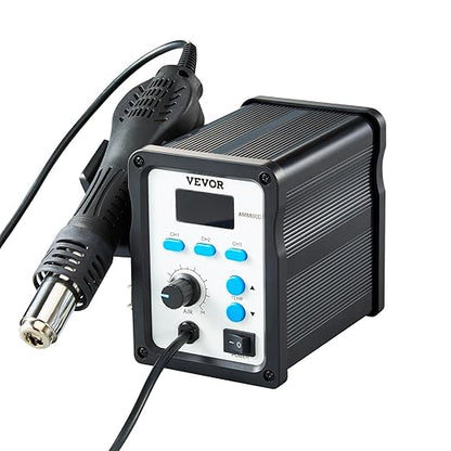 VEVOR Hot Air Rework Station, 700W Digital Display SMD Rework Station, 212℉-932℉ Hot Air Gun with Adjustable Airflow, 3 Pre-Set Channels & ℃/℉ Conversion for Chip Dismantling, Electronics Repair