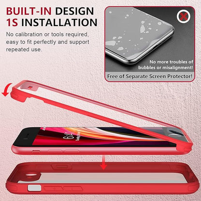 Miracase for iPhone SE Phone Case 3rd/2nd Generation 2022 2020 Full-Body with Built-in Glass Screen Protector, Heavy Duty 360° Protective Shockproof Bumper Cover for iPhone 8/SE 4.7 Inch, Red