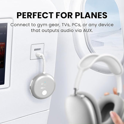 Avantree SoundJet R1 – Airplane Bluetooth Adapter for Headphones & AirPods, aptX Adaptive, Qualcomm Chipset, 20H Battery, Wireless Audio Transmitter for in-Flight Travel Essentials - Silver