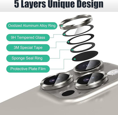 AGVEE 3+3 6 Pack for iPhone 16 Pro 6.3" / 16 Pro Max 6.9" Camera Lens Cover Protector, Bling Glitter & CD-Textured Metal Ring 9H Tempered HD Glass Camera Cover Protector Film, Glitter-Natural