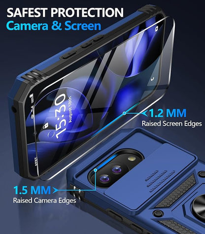 Taisairu for Google Pixel 9A Case with Screen Protector & Slide Camera Lens Cover,Built-in 360°Rotate Magnetic Ring Stand Shockproof Protective Phone Case for Google Pixel 9A Case (Blue)