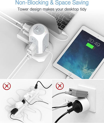 15 ft Extension Cord Tower Power Strip, 11 Outlets 3 USB(1 USB-C) Chargers, TESSAN Surge Protector with Multi Plug Outlet, 1050J Protection, Office Supplies, Desk Accessories, School Dorm Essential