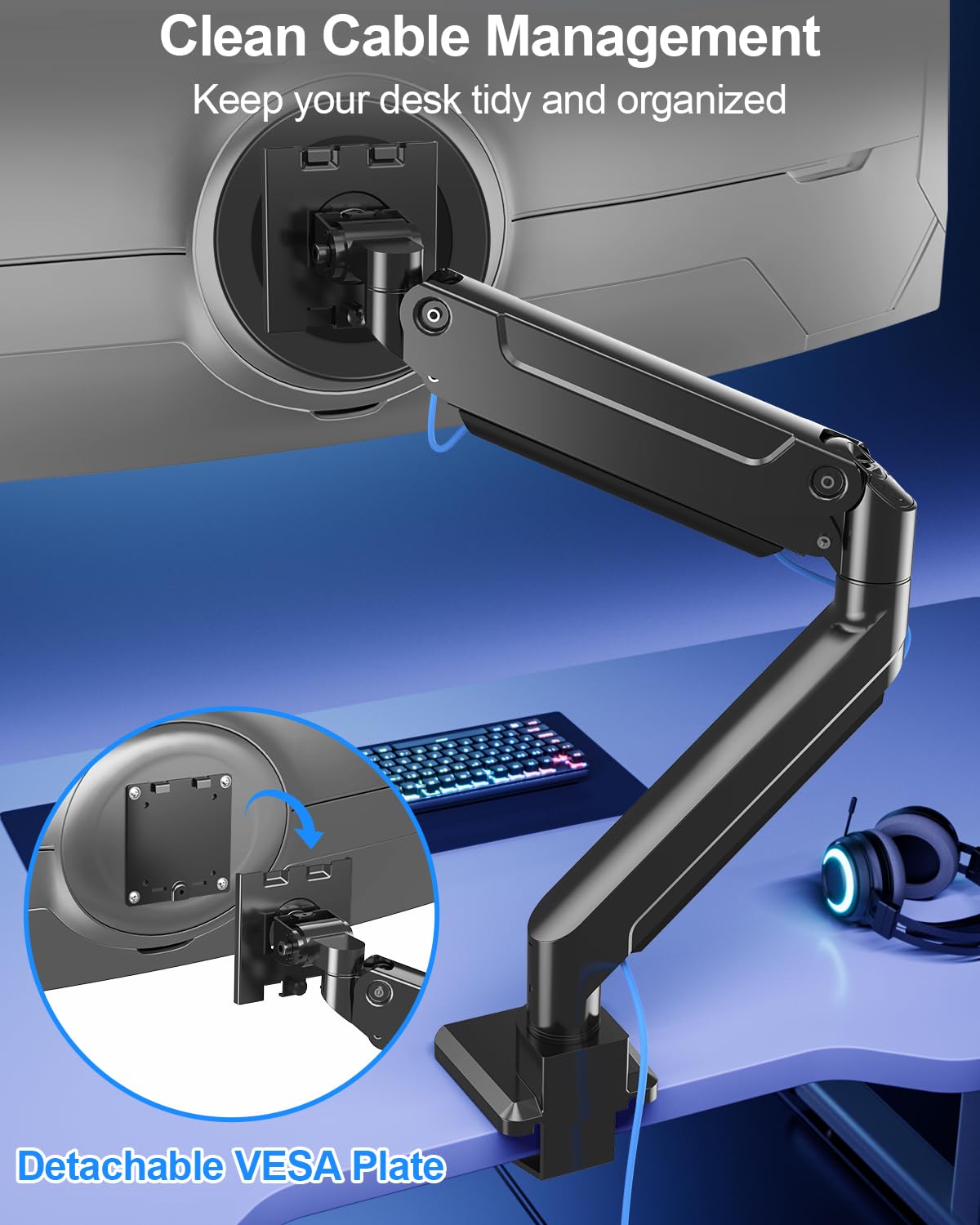 MOUNT PRO Heavy Duty Monitor Arm for Max 49 Inch Ultrawide Screens up to 44 lbs, Aluminum Premium Single Monitor Mount for Samsung Odyssey G9 and More, Adjustable Display Desk Stand, VESA 100x100mm