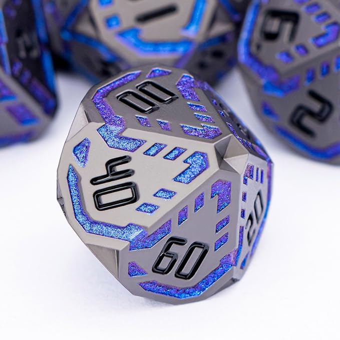 Metal DND Sci-fi Dice Set 7PCS Stripe Polyhedral Dice for Dungeons Dragons RPG Role Playing Game, Glitter D and D Dice with Gift Box D6 D8 D10 D12 D20 (Black&Blue Purple)