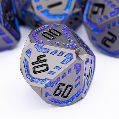 Metal DND Sci-fi Dice Set 7PCS Stripe Polyhedral Dice for Dungeons Dragons RPG Role Playing Game, Glitter D and D Dice with Gift Box D6 D8 D10 D12 D20 (Black&Blue Purple)