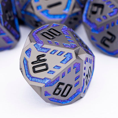 OGCOPHEN Metal DND Sci-fi Dice Set 7PCS Stripe Polyhedral Dice for Dungeons Dragons RPG Role Playing Game, Glitter D and D Dice with Gift Box D6 D8 D10 D12 D20 (Black&Blue Purple)