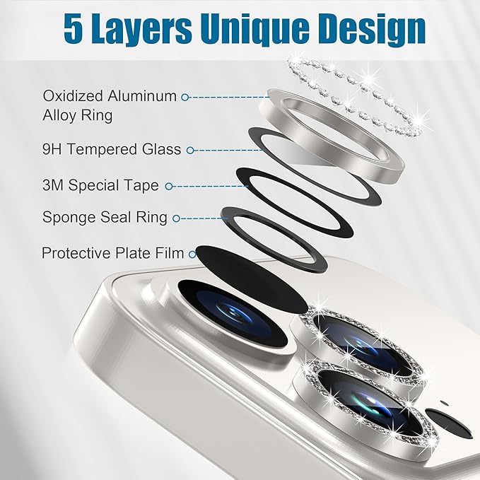 AGVEE 3+3 6 Pack for iPhone 15 Pro 6.1" / 15 Pro Max 6.7" Camera Lens Cover Protector, Bling Diamond & Bling Glitter Metal Ring 9H Tempered HD Glass Camera Cover Protector Film, Bling-Natural