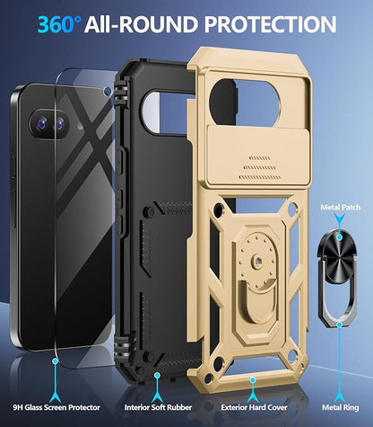 Taisairu for Google Pixel 9A Case with Screen Protector & Slide Camera Lens Cover, Built-in 360°Rotate Magnetic Ring Stand Shockproof Protective Phone Case for Google Pixel 9A Case (Gold)