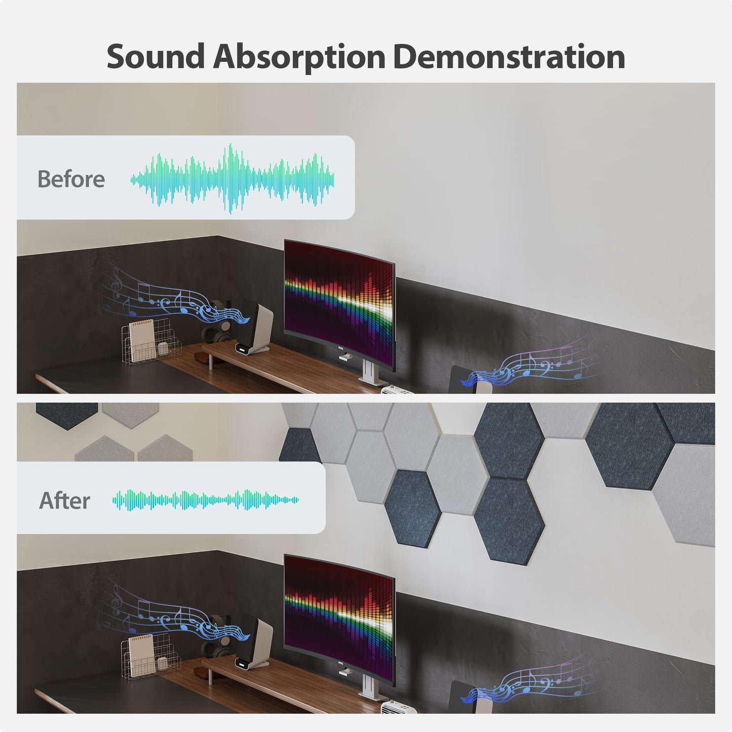 Amantech 12 Pack Acoustic Panels Self Adhesive Sound Proof Foam, High Density Sound Acoustic Foam Panel, 12X10.23X0.4 Inch Hexagon Wall Panels in Home,Office,Reccording Room,Studio(Beige)