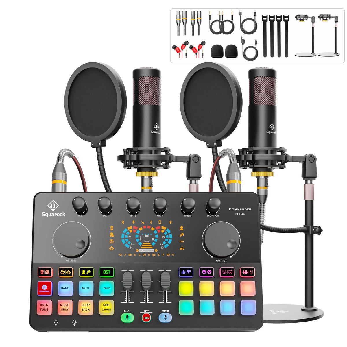 M100 2‑Person Podcast Equipment Bundle,48V XLR Dual Condenser Mics