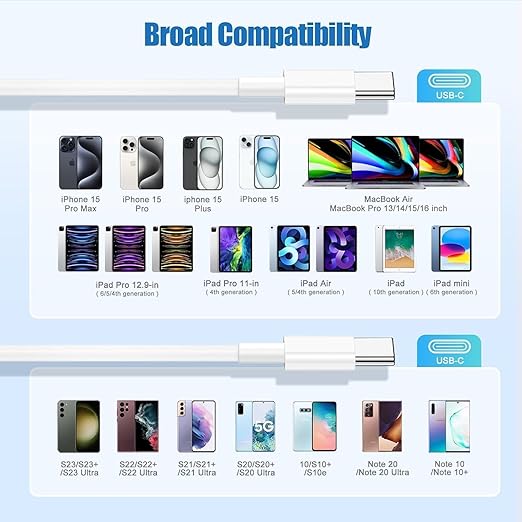 3-Pack [1FT+3.3FT+6.6FT] 60W USB C to USB C Cable, Type C Fast Charging Cable for iPhone 16 15 Pro Plus Pro Max，for Galaxy S24 S23, for iPad Pro/Air, for MacBook Pro/Air and More