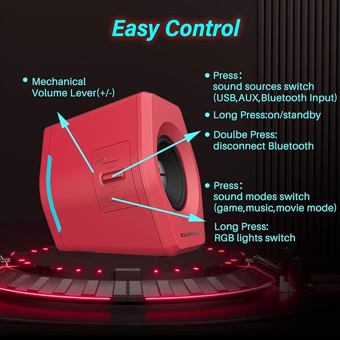 Edifier G2000 32W PC Computer Speakers for Gaming Desktop PC Laptop Mac Computer Woofer Speakers Bluetooth USB 3.5mm AUX Inputs RGB Lights Multimedia Speakers Red