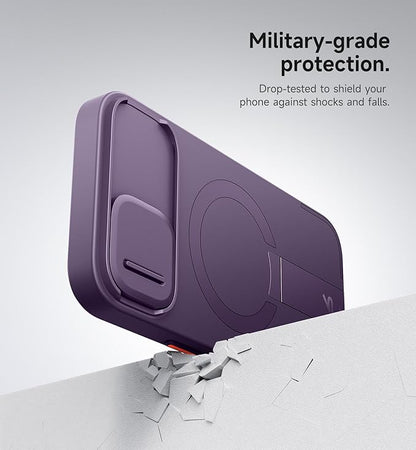 SURITCH for iPhone 15 Case with Magnetic Camera Slide Cover and Adjustable Kickstand, Compatible with MagSafe, Shockproof Bumper Case Slim Protective Cover 6.1 Inch, Dark Purple