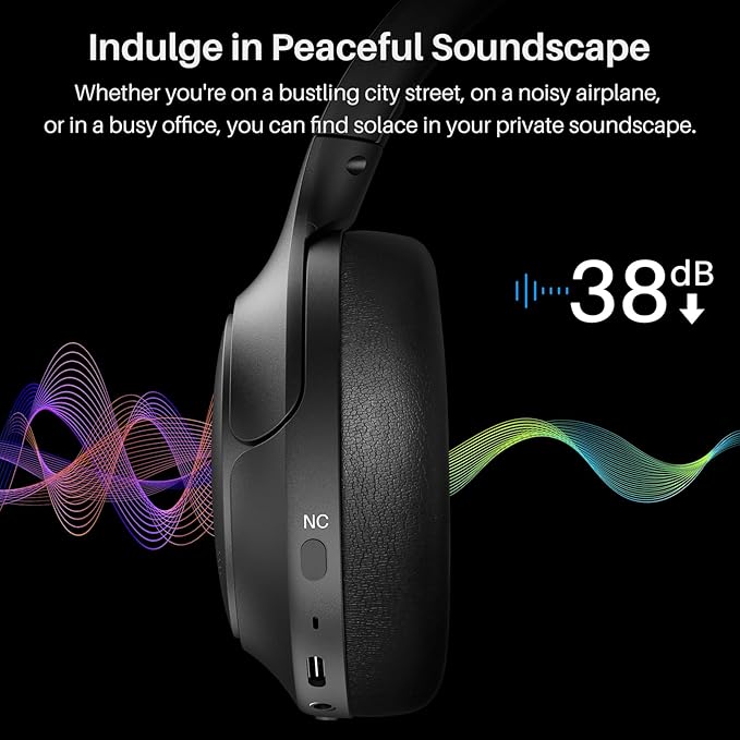 TOZO HT2 Hybrid Active Noise Cancelling Headphones, Wireless Over Ear Bluetooth Headset, 60H Playtime, Hi-Res Audio Custom EQ via App Deep Bass Comfort Fit Ear Cups, for Home Office Travel Black