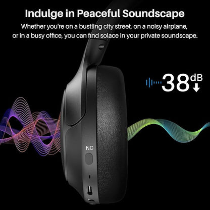 TOZO HT2 Hybrid Active Noise Cancelling Headphones, Wireless Over Ear Bluetooth Headset, 60H Playtime, Hi-Res Audio Custom EQ via App Deep Bass Comfort Fit Ear Cups, for Home Office Travel Black