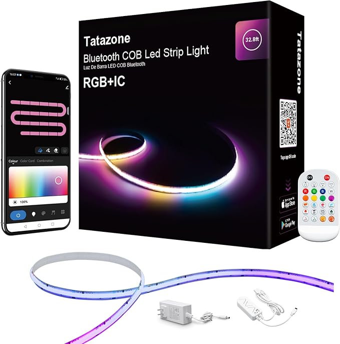 32.8ft Bluetooth RGB+IC COB Led Strip Light with App, Chasing COB Light Strip, Segmented Control, Music Sync, Color Changing Led Lights for Home Decor, Gaming, Cabinet, Desk