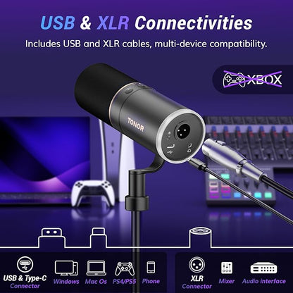 TONOR XLR/USB Gaming Mic, Dynamic Microphone for Podcast Recording Streaming with RGB Light, Mute Button, Headphones Jack, Monitoring, Desktop Stand, Metal Vocal Mic for PC Mac Android PS4/5 TD520S