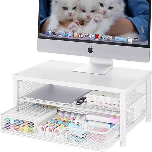 OPNICE Computer Monitor Stand Riser, Desk Organizer with Drawer, Printer & Laptop Stand, Office Desk Accessories & Workspace Desktop Organizers Storage for Office Supplies(White)