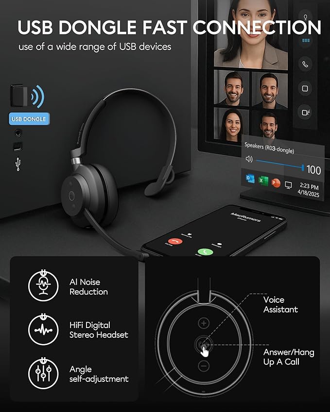 Bluetooth Headphones Wireless Headset with Mic for Work-V5.3 Computer Headsets with Noise Reduction Microphone, 2.4Ghz USB Dongle & Mute Button for PC, Laptop, Office, Home