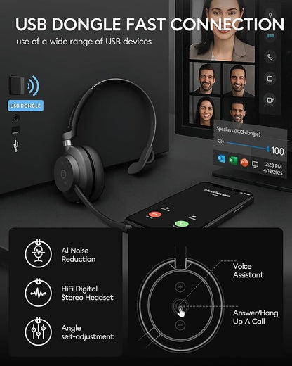 Bluetooth Headphones Wireless Headset with Mic for Work-V5.3 Computer Headsets with Noise Reduction Microphone, 2.4Ghz USB Dongle & Mute Button for PC, Laptop, Office, Home
