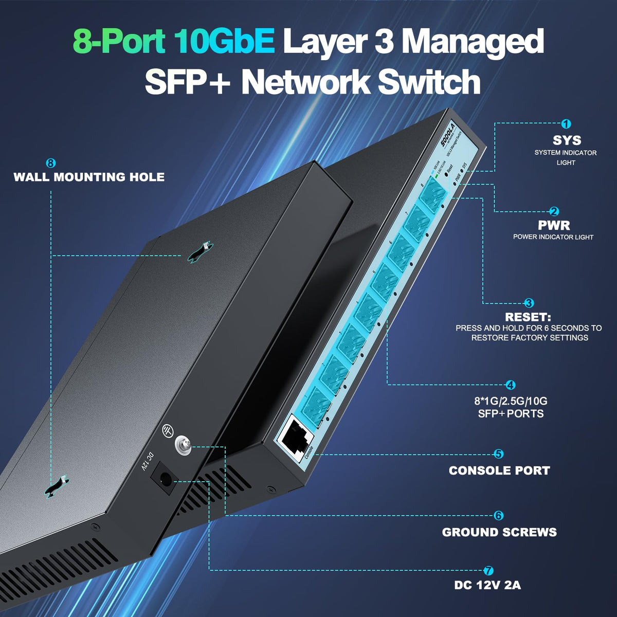 SODOLA 8 Port 10Gb Switch, L3 Managed, 8x10G SFP+ Ports