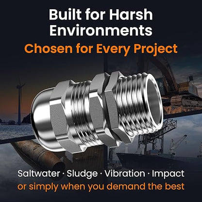 QILIPSU 2pcs 1/2" NPT 304 Stainless Steel Cable Gland Long Thread Waterproof IP68 Metal Strain Relief Cord Grip Cable Pass Through Wire Connector