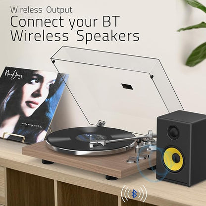 Turntables Record Player with Wireless Output Connectivity Vinyl Player Belt-Drive Support 33 45 RPM Speed Phono Line USB Digital to PC Recording with Advanced MM Cartridge ATN3600L Light Brown