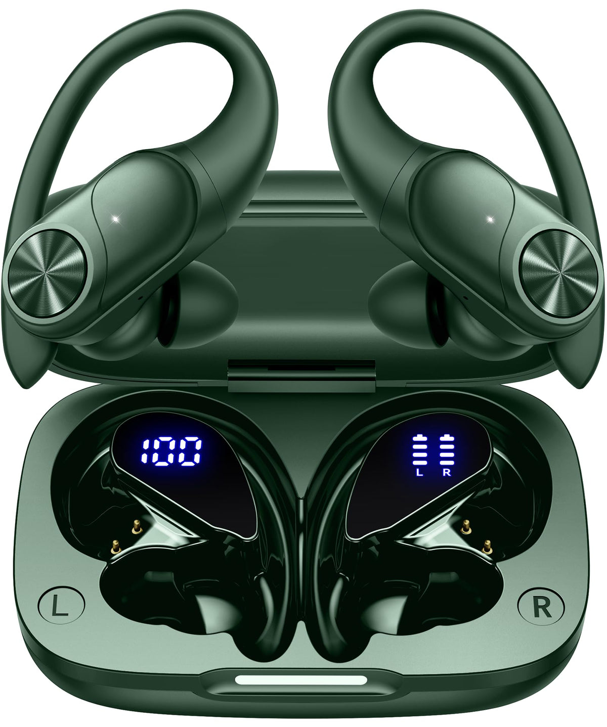PocBuds Bluetooth Headphones Wireless Earbuds 80hrs Playtime Wireless Charging Case Digital Display Sports Ear Buds with Earhook Deep Bass IPX7 Waterproof Over-Ear Earphones for TV Phone Laptop Blue