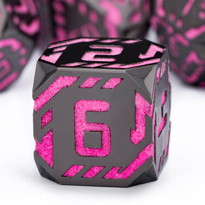 Metal DND Sci-fi Dice Set 7PCS Luminous Pink Stripe Polyhedral Dice for Dungeons Dragons RPG Role Playing Game, Glitter D and D Dice with Gift Box D6 D8 D10 D12 D20