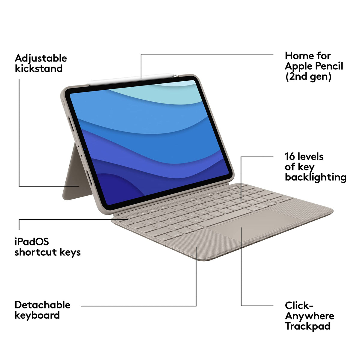 Logitech Combo Touch iPad Pro 11-inch (1st, 2nd, 3rd, 4th gen - 2018, 2020, 2021, 2022) Keyboard Case - Detachable Backlit Keyboard, Click-Anywhere Trackpad - Sand; USA Layout