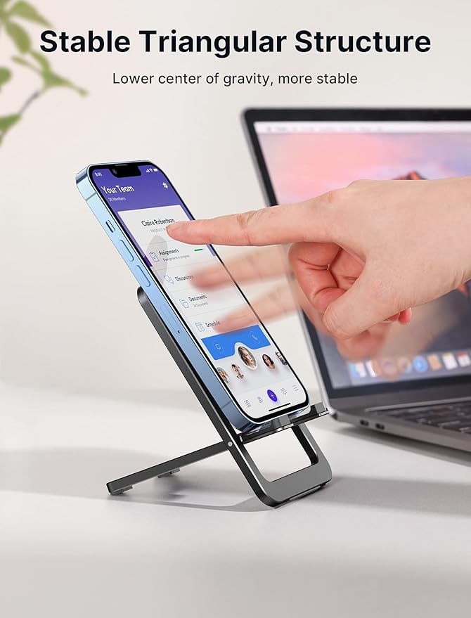 JSAUX Cell Phone Stand, Foldable Aluminum Adjustable Phone Holder for Desk Portable Travel Holder Office Desk Accessories Compatible with iPhone 15 14 13 12 11 Pro Max X Samsung S24 S23 Steam Black