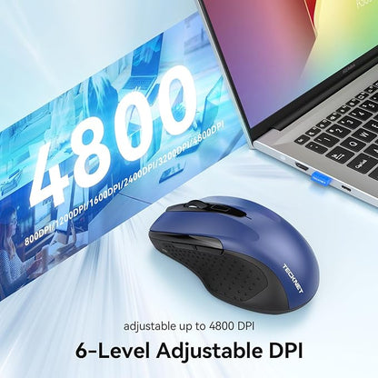 TECKNET Rechargeable Jiggler Wireless Mouse (BT5.0/3.0 & 2.4G) 4800 DPI Silent USB A & Bluetooth Mouse 6 Buttons, Wide Compatibility - Blue