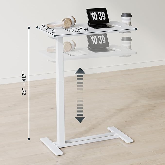 FLEXISPOT H7 Adjustable Overbed Bedside Table with Wheels Pneumatic Mobile Standing Desk Laptop Desk Rolling Computer Cart Movable Overbed Table Hospital Home Use(27.6" W x 15.7" D, White)