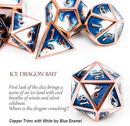 Haxtec Metal DND Dice Set Copper Blue White D&D Dice with Leather Dice Bag Compatible with Dungeons and Dragons RPG-Ice Dragon Bait