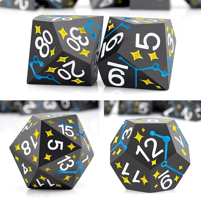 PJOY Metal Dice Set D&D Star DND Dice Set Polyhedral Dice for RPG Role Playing Games Dungeons and Dragons TTRPG Black Yellow Blue DND Dice for DND Gamers